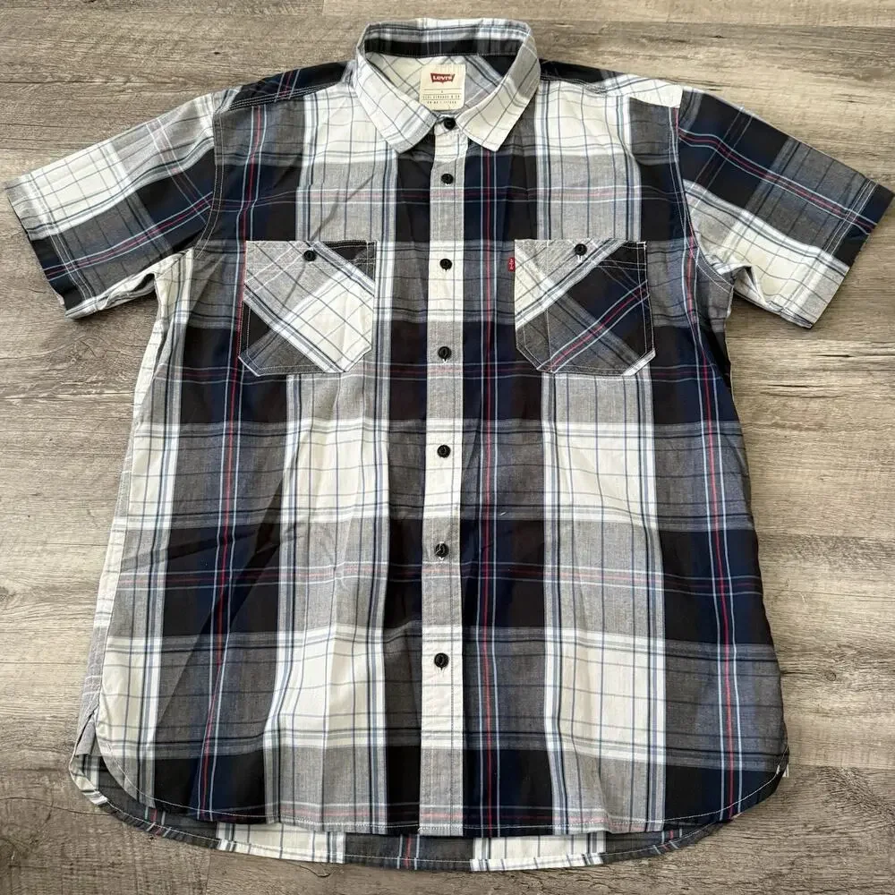 Levi’s Shirt Mens Large Blue Plaid Button Up Cotton Blend Woven Pockets